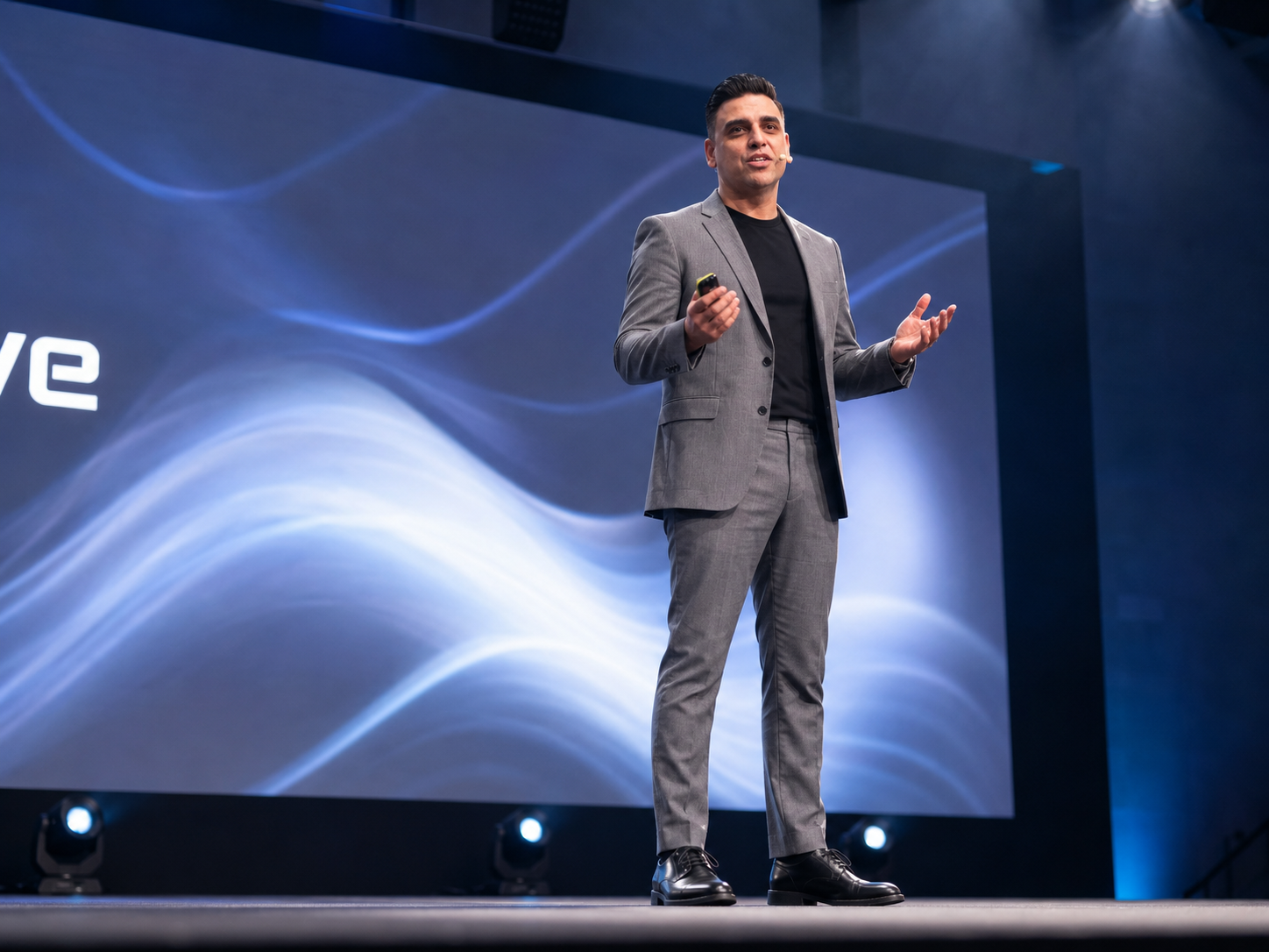 Adam Khan delivering a keynote speech on a large industry stage