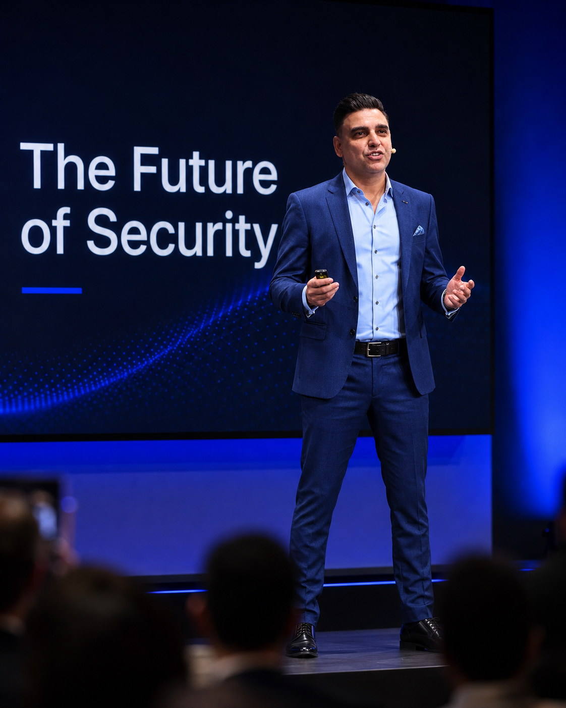 Adam Khan on stage in front of a large 'The Future of Security' keynote screen